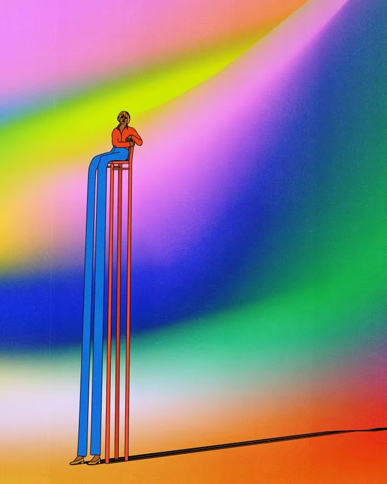 An illustration of a person sitting on a tall stool with extremely long, stretched legs against a vibrant rainbow-colored gradient background.