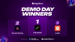 A promotional graphic titled 'DEMODAY WINNERS' for the MagicBlock Summit, displaying three numbered winners: 1. 0xStudio, 2. Desert Gaming, and 3. LzLabs.