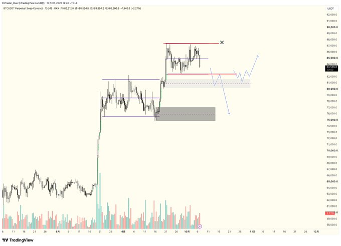 A TradingView chart of BTC/USDT Perpetual Swap Contract on Binance, showing price action around 85,800-86,800 USDT with technical analysis drawn in including horizontal support/resistance lines, a bearish projected path marked with an X, and volume bars at the bottom.