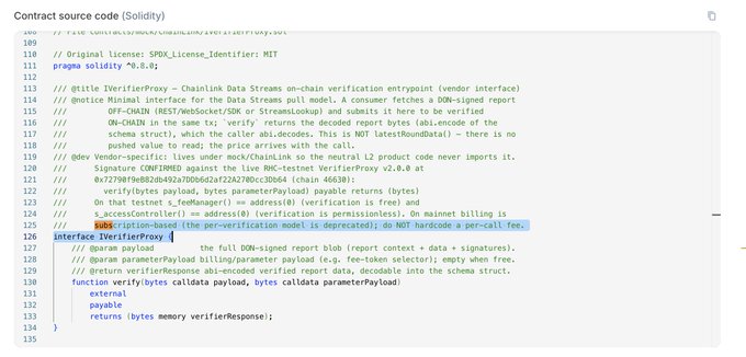 The image shows Solidity contract source code for the `IVerifierProxy` interface used in Chainlink Data Streams, with a highlighted comment indicating that the verifier is "fee-less (option-based [the per-verification model is deprecated]; do NOT hardcode a per-call fee)." This supports the post's claim that Chainlink's Data Streams integration on Robinhood ($HOOD) will use a subscription-based model rather than being tied to $LINK token usage.