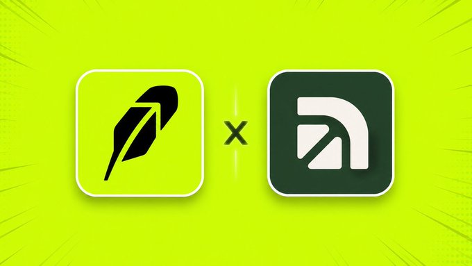 A promotional graphic on a bright yellow-green background showing a black feather icon multiplied by a white 'R' logo inside a dark green square.