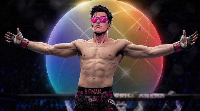 An illustrated muscular fighter wearing pink sunglasses and wrist wraps stands with arms outstretched in a ring, with 'HITMAN' on his trunks against a colorful ring backdrop.