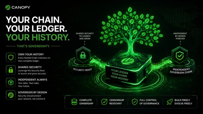 A promotional graphic for Canopy titled 'YOUR CHAIN. YOUR LEDGER. YOUR HISTORY. THAT'S SOVEREIGNTY,' featuring a glowing green tree on a blockchain pedestal with features including 'Own Your History,' 'Shared Security,' 'Independent Always,' and 'Sovereign by Design.'