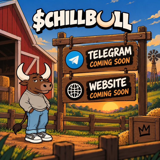 A cartoon-style graphic featuring a bull character standing in front of a barn, with a wooden sign displaying '$CHILLBULL' and announcements for 'TELEGRAM COMING SOON' and 'WEBSITE COMING SOON'.