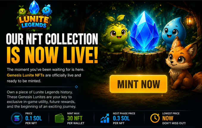 The image features an advertisement for the Lunite Legends game, which has just launched its NFT collection. The text on the image reads "Our NFT Collection is now LIVE! The moment you've been waiting for is here. The moment you've been waiting for is now minted!". The post also mentions that there are mints available and encourages players to mint their coins.

The main focus of the image is a cute cartoon fox sitting on top of a tree stump, surrounded by four other cartoon characters: two blue creatures with wings, one green creature with leaves, and another orange creature resembling a cat. The fox appears to be looking at the post, inviting viewers to join in on the fun.