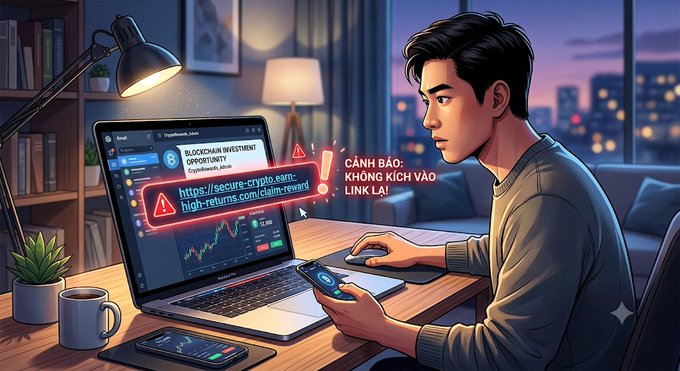 An anime-style illustration of a young man at a computer desk receiving a cryptocurrency scam alert warning 'CẢNH BÁO: KHÔNG KÍCH VÀO LINK LẠ!' (Warning: Do not click on strange links) in Vietnamese.