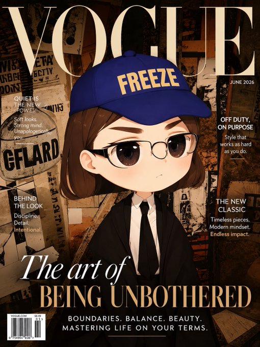 The image features a cartoon girl wearing glasses, a suit, and a hat with the word "Freeze" written on it. The girl appears to be posing for a magazine cover featuring an article about the art of being unboughtly.