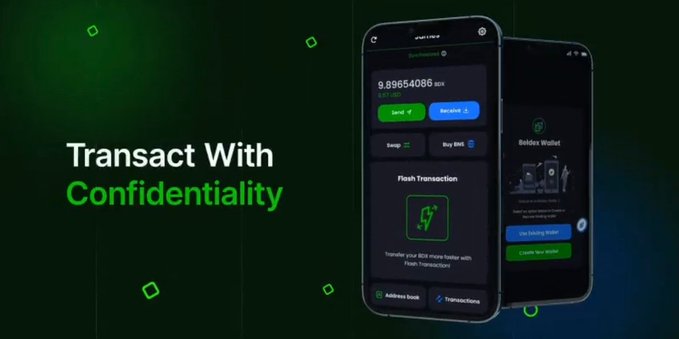 Promotional image for a cryptocurrency wallet app with the text 'Transact With Confidentiality,' showing a phone interface for sending Bitcoin (9.89654086 BTC) and a 'Flash Transaction' feature.