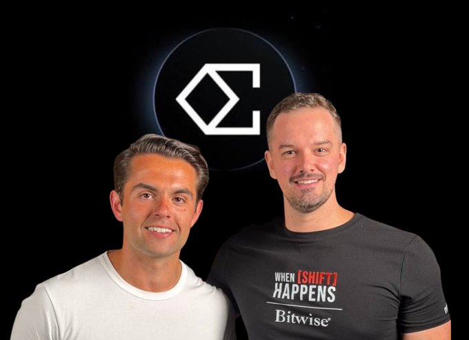 Two men pose in front of the Ethena logo—the one on the left in a white shirt is "gdog97_," founder and CEO of Ethena, and the one on the right wears a "When Shift Happens / Bitwise" t-shirt, indicating this is a promotional photo for the podcast episode about Ethena's rapid rise.
