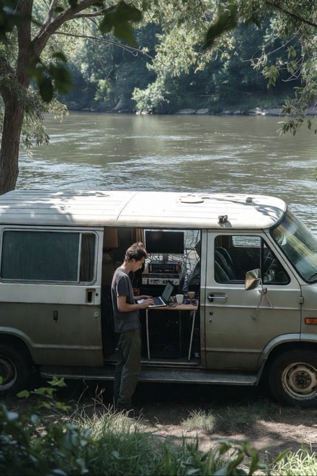 A man working on a laptop inside a converted van parked by a river, with the side door open to reveal his mobile workspace setup.
