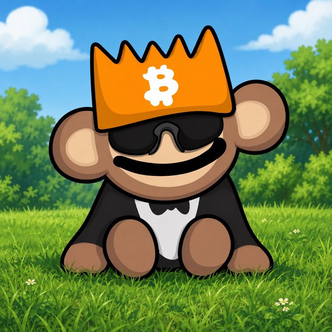 A cartoon monkey mascot wearing sunglasses and an orange Bitcoin-themed crown sits on grass under a blue sky.