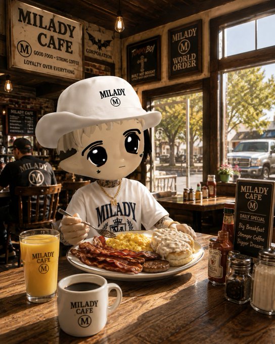 An AI-generated image of a cute chibi-style character wearing a 'MILADY' hat and shirt, sitting at 'MILADY CAFE' with a large plate of breakfast food and branded cups.