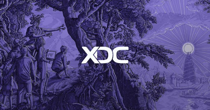 A purple-tinted classical engraving depicting figures gathered around a tree with a radiant sun and tower, overlaid with the white 'XDC' logo.