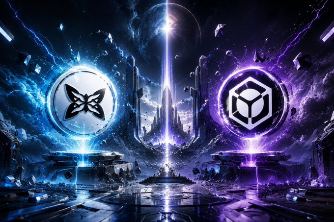 An artistic AI-generated image showing two glowing cryptocurrency logos—a butterfly-like symbol on the left and a cube symbol on the right—facing each other across a cosmic, futuristic landscape.