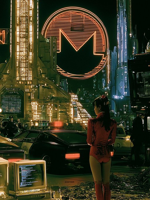 Cyberpunk-style artwork featuring a woman in red standing before a neon-lit futuristic cityscape with a Monero (XMR) logo prominently displayed above.