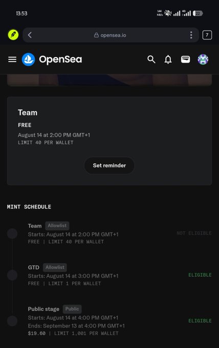 A mobile screenshot of OpenSea.io showing a free mint schedule titled "Team" with three phases: an Allowlist mint starting at 2:00 PM GMT+1 (Not Eligible), a second Allowlist mint at 3:00 PM GMT+1 ($19.00, Eligible), and a Public stage starting at 4:00 PM GMT+1 (Eligible).