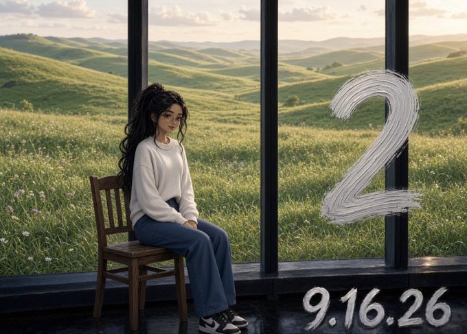 An illustration of a girl with curly dark hair sitting on a wooden chair by large windows overlooking rolling green hills, with a large white '2' and the date '9.16.26' visible.