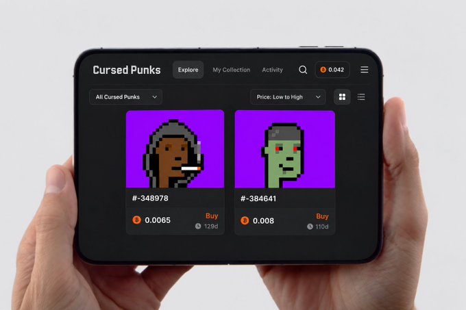 The image shows a person holding a tablet horizontally with both hands, displaying the "Cursed Punks" NFT marketplace interface. The screen shows two pixel-art zombie-style punks side-by-side on purple backgrounds: Punk #348978 (brown-skinned, cigarette in mouth) priced at 0.0065 ETH and Punk #384641 (green zombie with red eyes) priced at 0.008 ETH, both with "Buy" buttons. The top navigation includes "Explore," "My Collection," and "Activity" tabs, with a wallet balance of 0.042 ETH displayed. This relates to the accompanying post about iPhone Duo's new feature enabling side-by-side comparison of Cursed Punks before purchasing, as visualized by the two adjacent listings shown on the device.