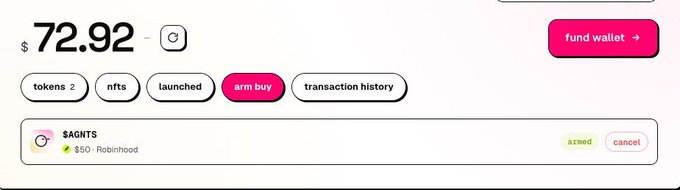 A wallet interface shows a balance of $72.92 with categories like tokens, nfts, and an "arm buy" section featuring "$AGNTS" for $50 via Robinhood.