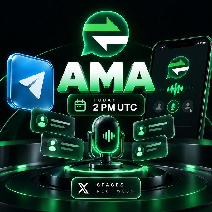 A green promotional graphic for an AMA (Ask Me Anything) session 'TODAY 2 PM UTC' featuring Telegram icons and text 'X SPACES NEXT WEEK'.