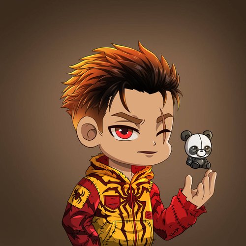 The image features a cartoon boy with red eyes wearing a yellow hoodie that has spider-man designs on it. He is holding a panda bear, which appears to be a toy or stuffed animal. The background of the image is brown, providing a neutral backdrop for the colorful characters and objects in the scene.