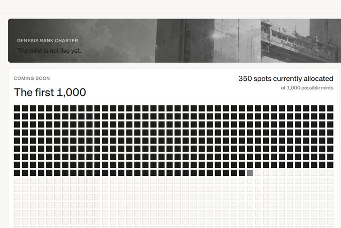 A webpage for 'GENESIS BANK CHARTER' stating 'The mint is not live yet,' showing a grid with 350 out of 1,000 spots allocated for 'COMING SOON'.