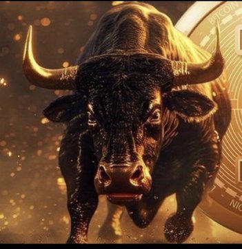 A dramatic, high-contrast digital rendering of a charging bull with glowing golden horns and accents, set against a warm amber background with a partially visible Bitcoin coin on the right.