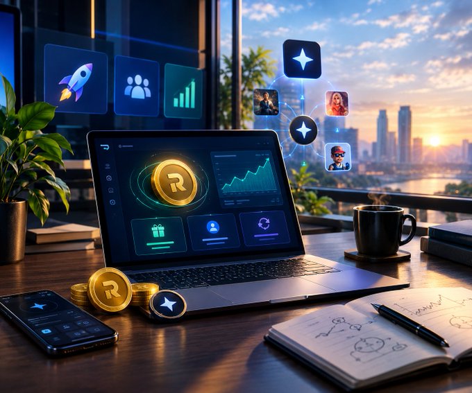 A stylized digital-work desk scene includes a laptop with crypto-style charts and “R” coins, icons, a phone, notebook sketches, plants, and a city skyline at sunset.