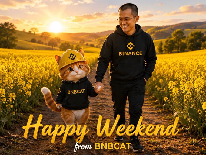 A stylized image showing a man wearing a black 'BINANCE' hoodie walking alongside an orange cat wearing a yellow 'BNBCAT' construction hat in a field of yellow flowers at sunset, with text 'Happy Weekend from BNBCAT' displayed.