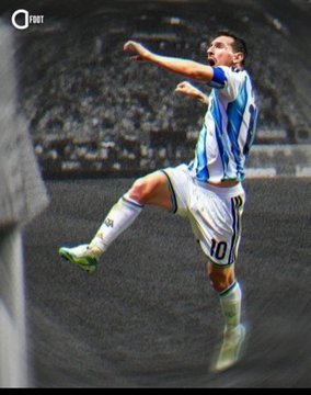 Lionel Messi in Argentina's blue and white striped #10 jersey celebrating on the field, with a 'FOOT' watermark in the corner.