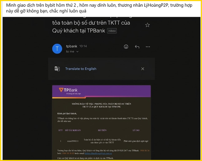 A screenshot of a TPBank email notifying a customer (account XXX0599111) of the freezing of their entire checking account balance due to suspected fraud-related P2P transactions, accompanying a post warning Bybit users about getting their TPBank accounts frozen after P2P trades.