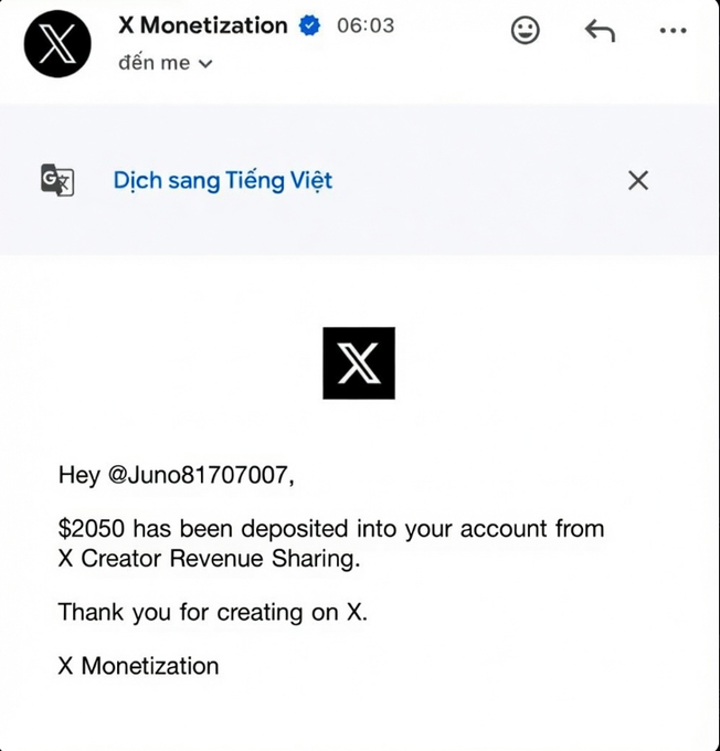 A direct message screenshot from X Monetization informing @Juno81707007 that $2050 has been deposited into their account from X Creator Revenue Sharing.