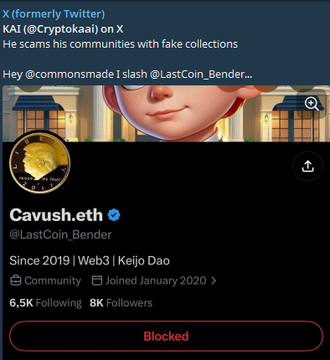 An X (Twitter) post by KAI (@Cryptokai) calling out Cavush.eth (@LastCoin_Bender) for scamming communities with fake collections, showing a profile marked as 'Blocked'.