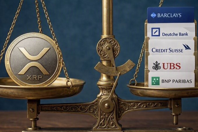 A golden scale weighs an XRP coin on one side against the logos of major banks including Barclays, Deutche Bank, Credit Suisse, UBS, and BNP Paribas on the other, illustrating XRP's market capitalization surpassing the combined value of these major financial institutions.