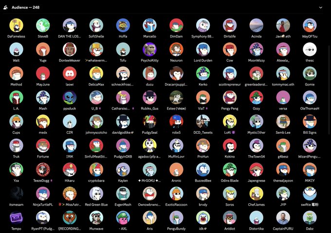 A dark-themed dashboard titled 'Audience - 24B' displaying a grid of numerous user profile pictures with usernames such as 'DaFameless', 'SteveB', 'DAN THE LOS...', 'SoftsBelle', and 'Marcello'.
