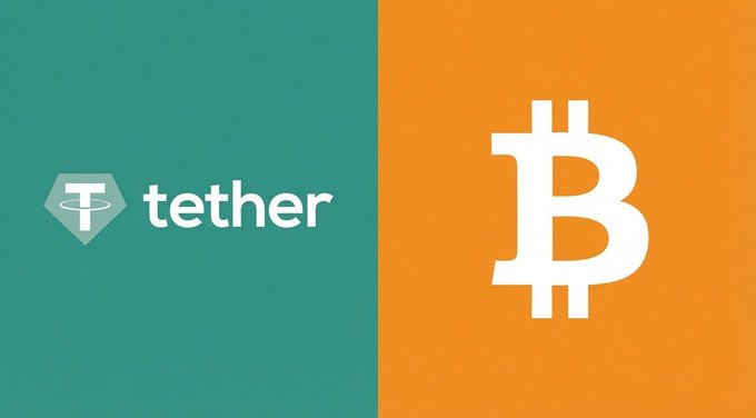A split-screen graphic showing the logos of Tether (USDT) on a teal background and Bitcoin (₿) on an orange background.