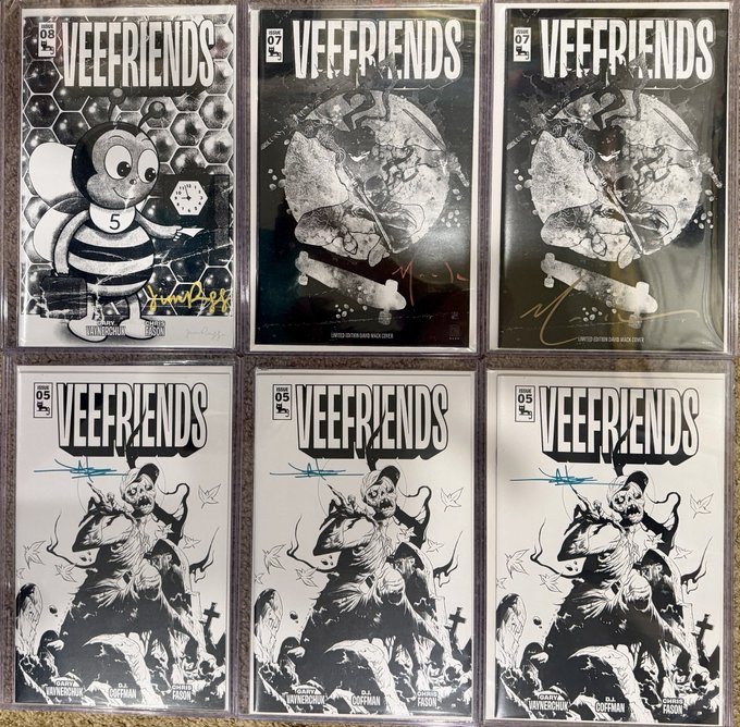 Six graded VEEFRIENDS comic books laid out in two rows, including issue #08 with a bee character and issues #07 and #05, all in protective cases with visible signatures.