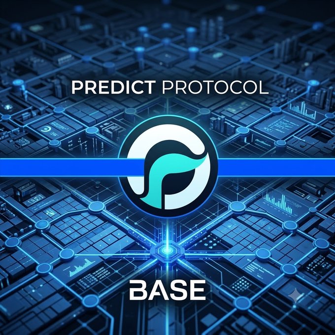 A futuristic blue digital cityscape with text reading 'PREDICT PROTOCOL' above a stylized logo and 'BASE' below.