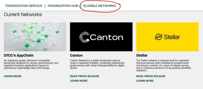 The image shows a DTCC tokenization service webpage highlighting three "Eligible Networks": DTCC's AppChain (an enterprise-grade Ethereum-compatible blockchain), Canton Network (a public blockchain for regulated markets), and Stellar (a compliance-focused network for tokenized financial services). It appears to address the user's confusion by showing that Stellar is listed as a publicly identified network eligible for DTCC's tokenization services, beyond just AppChain and Canton.