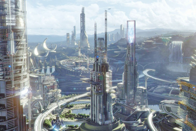 A futuristic cityscape illustration with towering skyscrapers, advanced architecture, elevated highways, and a sci-fi utopian atmosphere under a bright sky.
