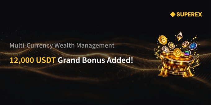 Promotional banner for Superex advertising 'Multi-Currency Wealth Management' with a '12,000 USDT Grand Bonus Added!' featuring a gold cauldron overflowing with cryptocurrency coins.