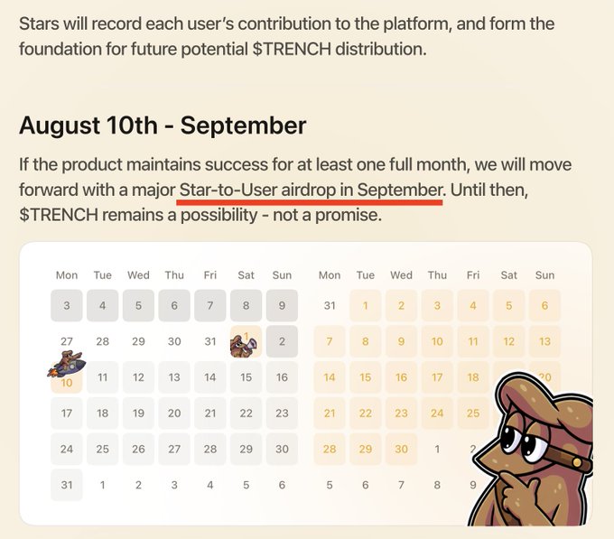 The image is a graphic stating that $TRENCH airdrop distribution hinges on Stars earned from August 10th onward, with a highlighted promise of a "major Star-to-User airdrop in September" if the product succeeds for one full month, illustrated by two calendar grids showing the qualifying period. It accompanies a post about securing early waitlist access to the $TRENCH project launching that night.