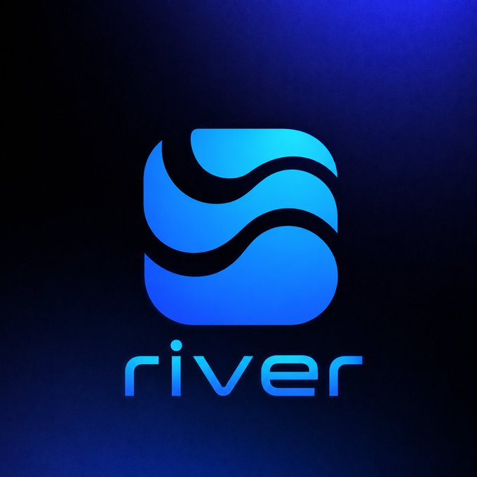 A blue gradient logo featuring a stylized water or wave symbol above the lowercase word "river" against a dark background.
