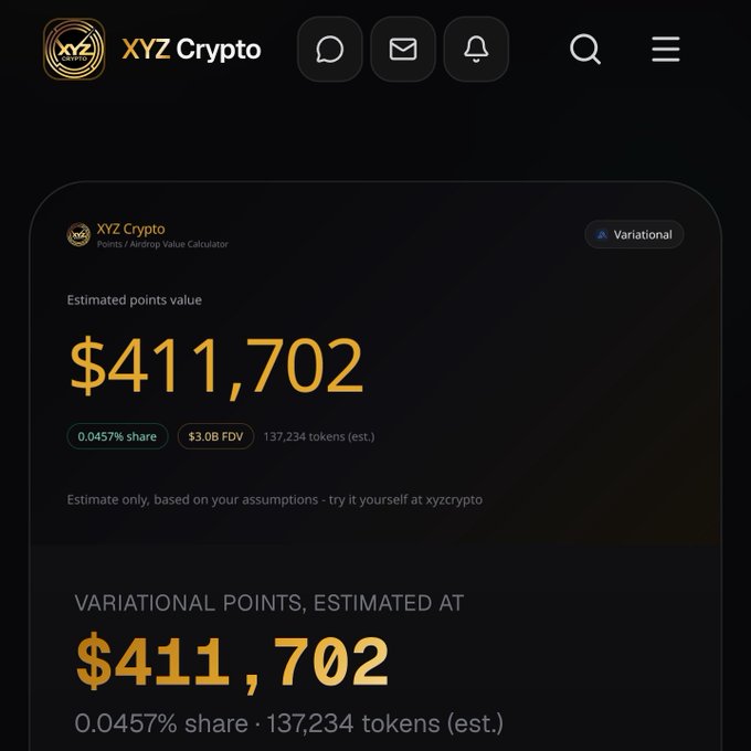 A screenshot of XYZ Crypto's Points / Airdrop Value Calculator showing an estimated points value of $411,702 with a 0.0457% share, $3.08B FDV, and 137,234 tokens (est.), labeled Variational.