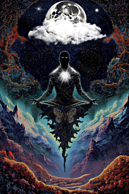 A surreal psychedelic artwork depicting a dark silhouetted figure meditating in lotus position with a glowing heart, floating against a starry cosmic background with a moon and clouds.