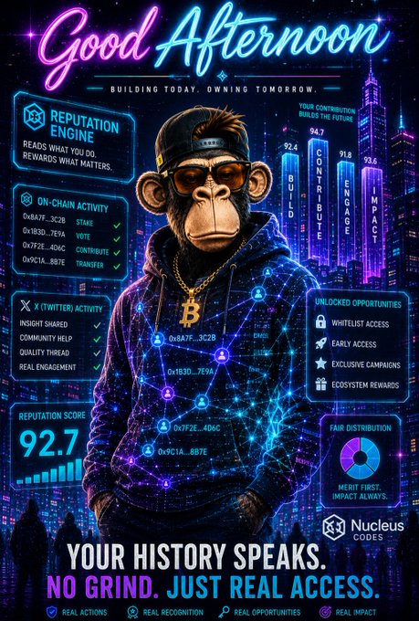 A neon-styled digital graphic featuring a cyberpunk monkey wearing sunglasses with a Bitcoin necklace, promoting 'Good Afternoon' with text about 'REPUTATION ENGINE,' 'REAL ACTIONS,' and 'Nucleus Codes.'