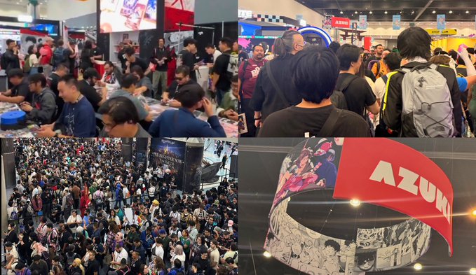 A collage of four images showing crowded anime conventions, including a large 'AZUMI' banner.