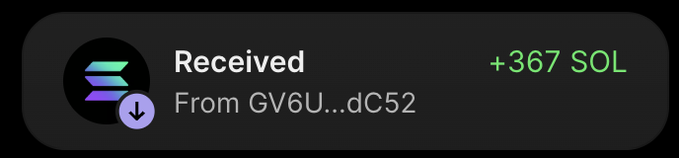 A digital wallet notification showing a received transaction of '+367 SOL' from address GV6U...dC52 on Solana.