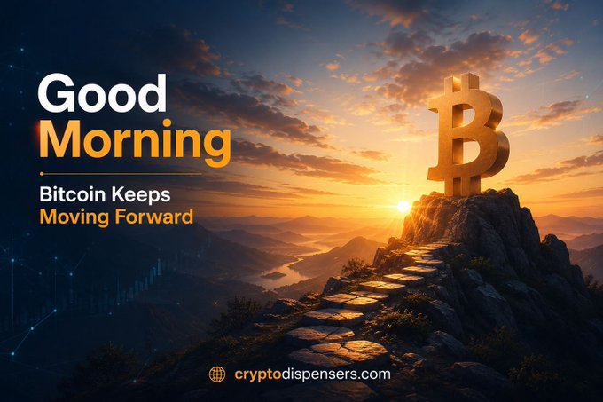 A "Good Morning" graphic with the text "Bitcoin Keeps Moving Forward" next to a large golden Bitcoin symbol on a rocky mountain peak at sunrise, branded with "cryptodispensers.com".