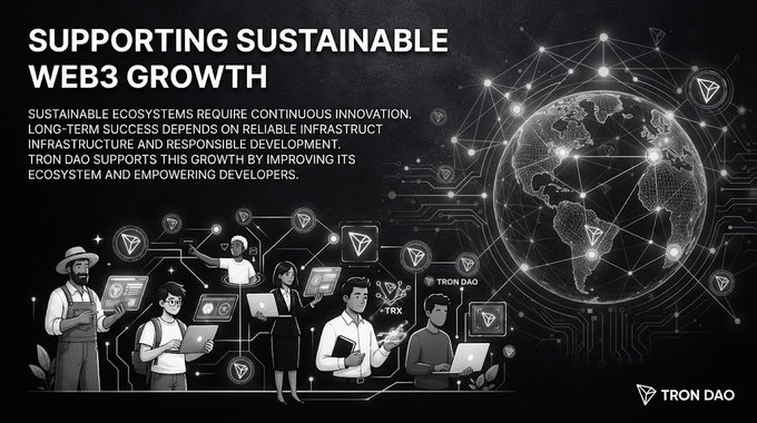 A promotional graphic titled "SUPPORTING SUSTAINABLE WEB3 GROWTH" features an illustrated globe connected by network lines and various figures with digital devices, branded with the "TRON DAO" logo and the TRX ticker.